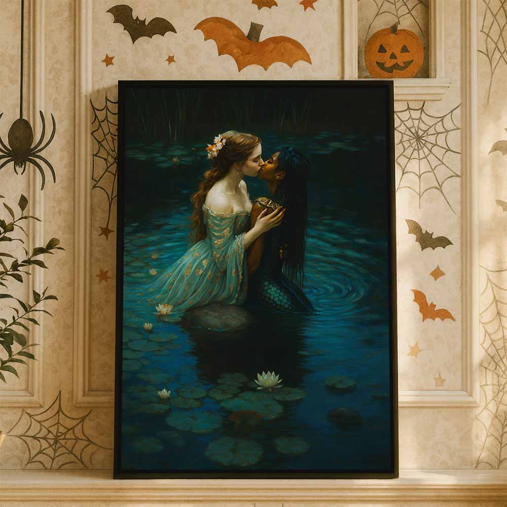 Romantic Mermaid And Princess Kiss Framed Canvas Wall Art, Wall Decor Halloween, Vintage Canvas