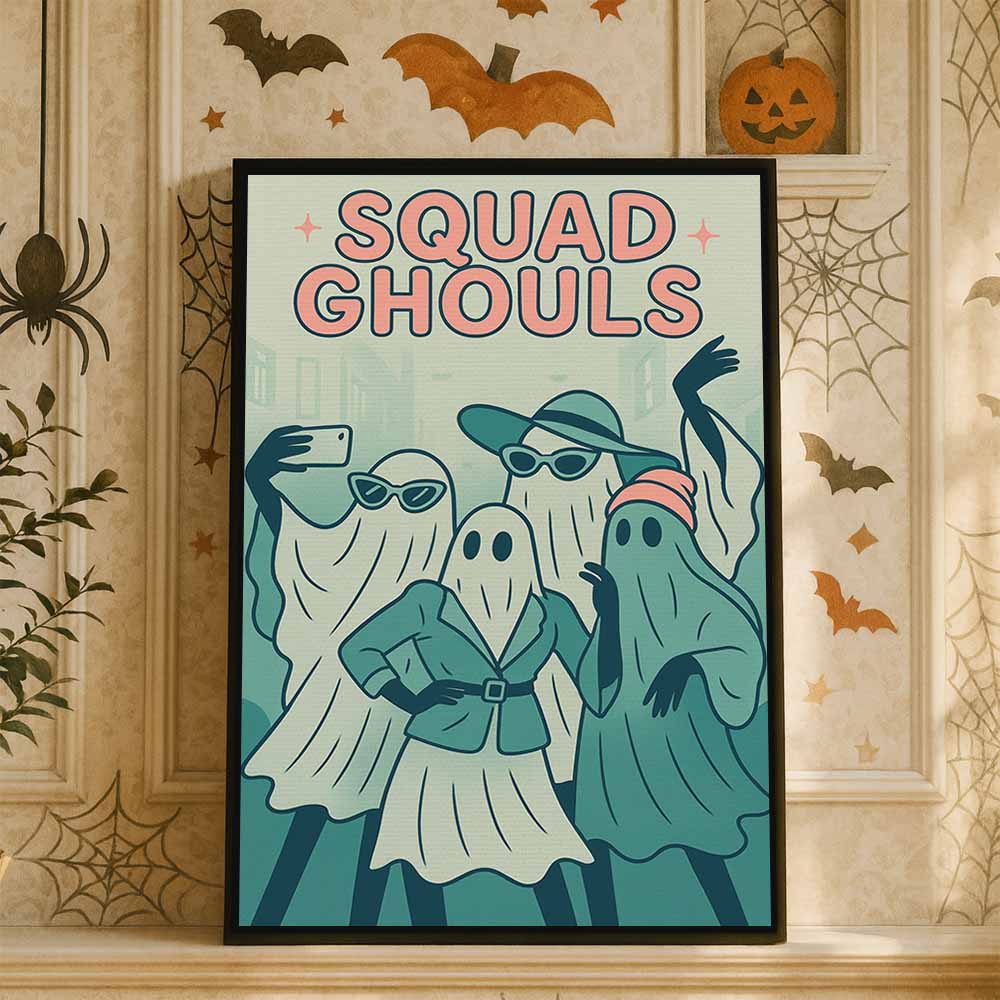 Squad Ghouls Framed Canvas Wall Art, Wall Decor Halloween, Vintage Canvas