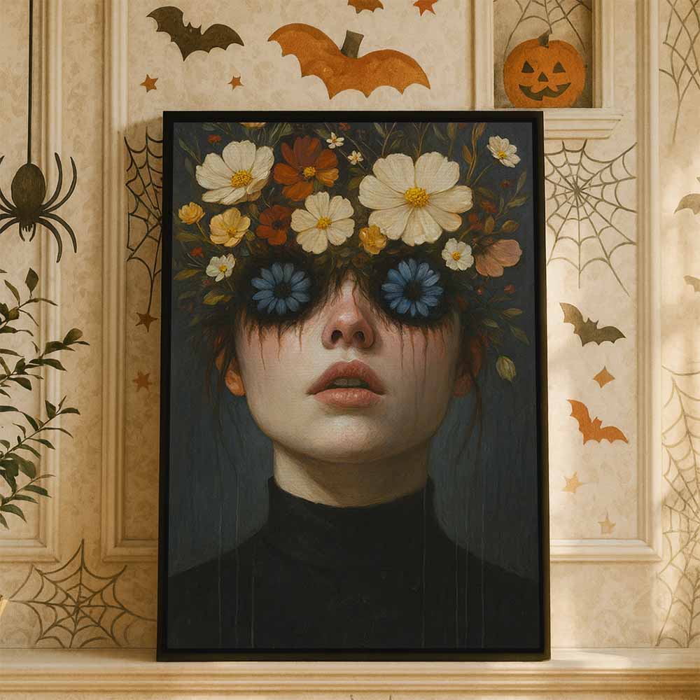 Surreal Woman Face Framed Canvas Wall Art, Wall Decor Halloween, Vintage Canvas