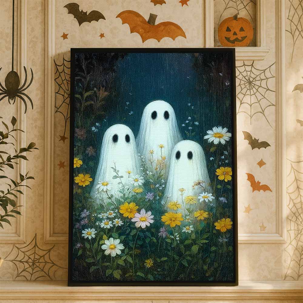 Three Cute Ghosts In Wildflower Field Framed Canvas Wall Art, Wall Decor Halloween, Vintage Canvas