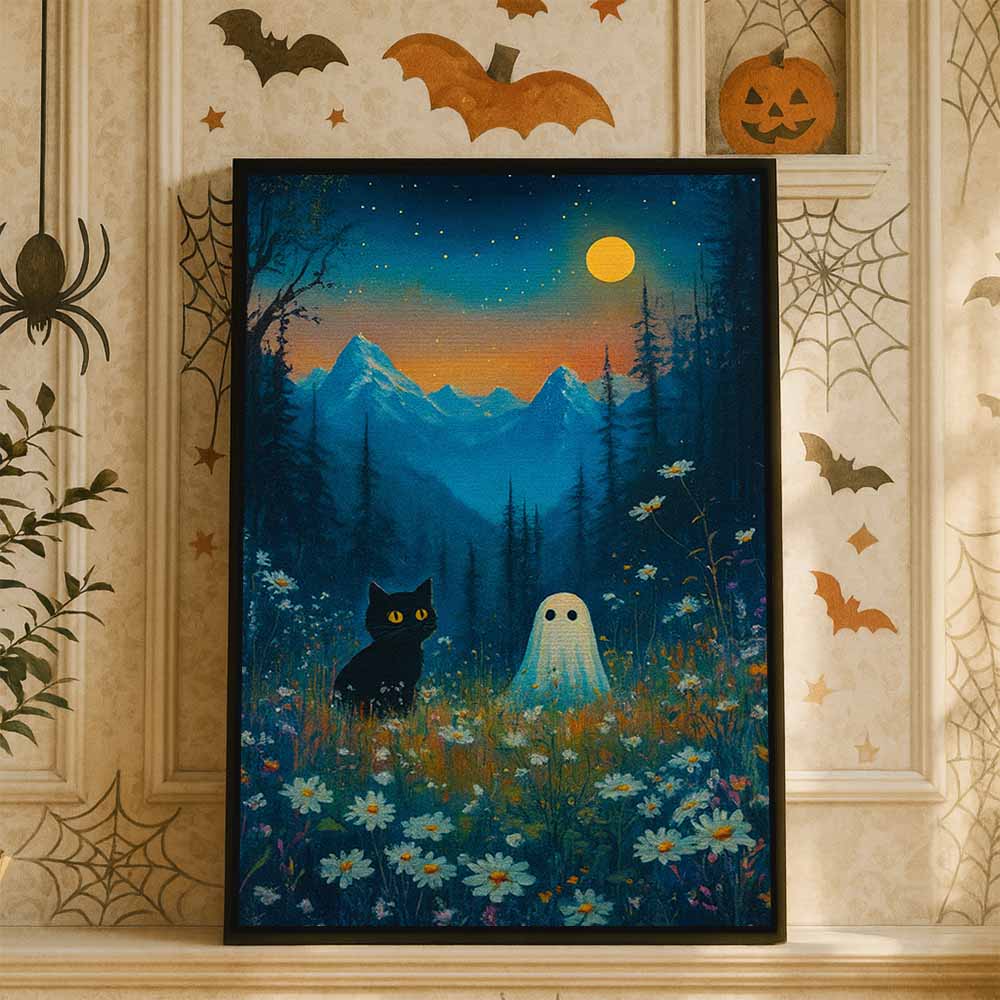 Vintage Ghost And Black Cat Framed Canvas Wall Art, Wall Decor Halloween, Vintage Canvas