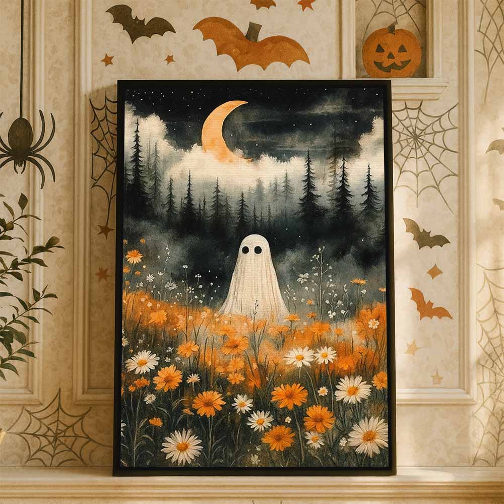 Vintage Ghost In The Forest Framed Canvas Wall Art, Wall Decor Halloween, Vintage Canvas