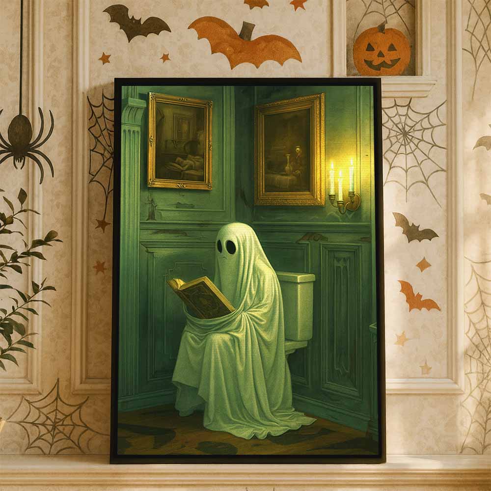 Vintage Ghost In The Toilet Framed Canvas Wall Art, Wall Decor Halloween, Vintage Canvas