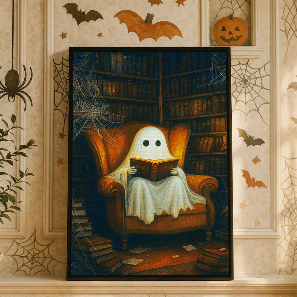 Vintage Ghost Reading Book Framed Canvas Wall Art, Wall Decor Halloween, Vintage Canvas