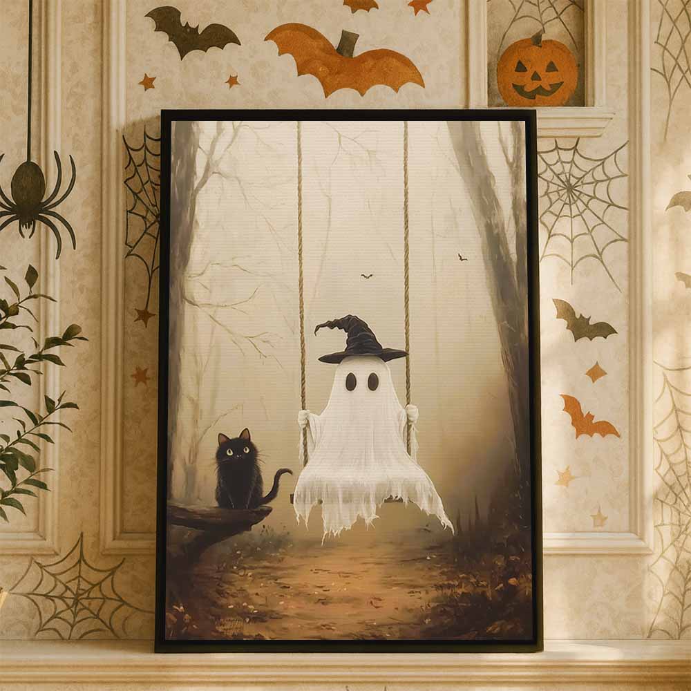 Vintage Spooky Forest Halloween Framed Canvas Wall Art, Wall Decor Halloween, Vintage Canvas