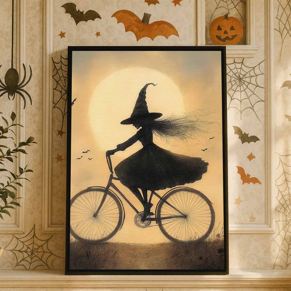 Witch On Bicycle Framed Canvas Wall Art, Wall Decor Halloween, Vintage Canvas