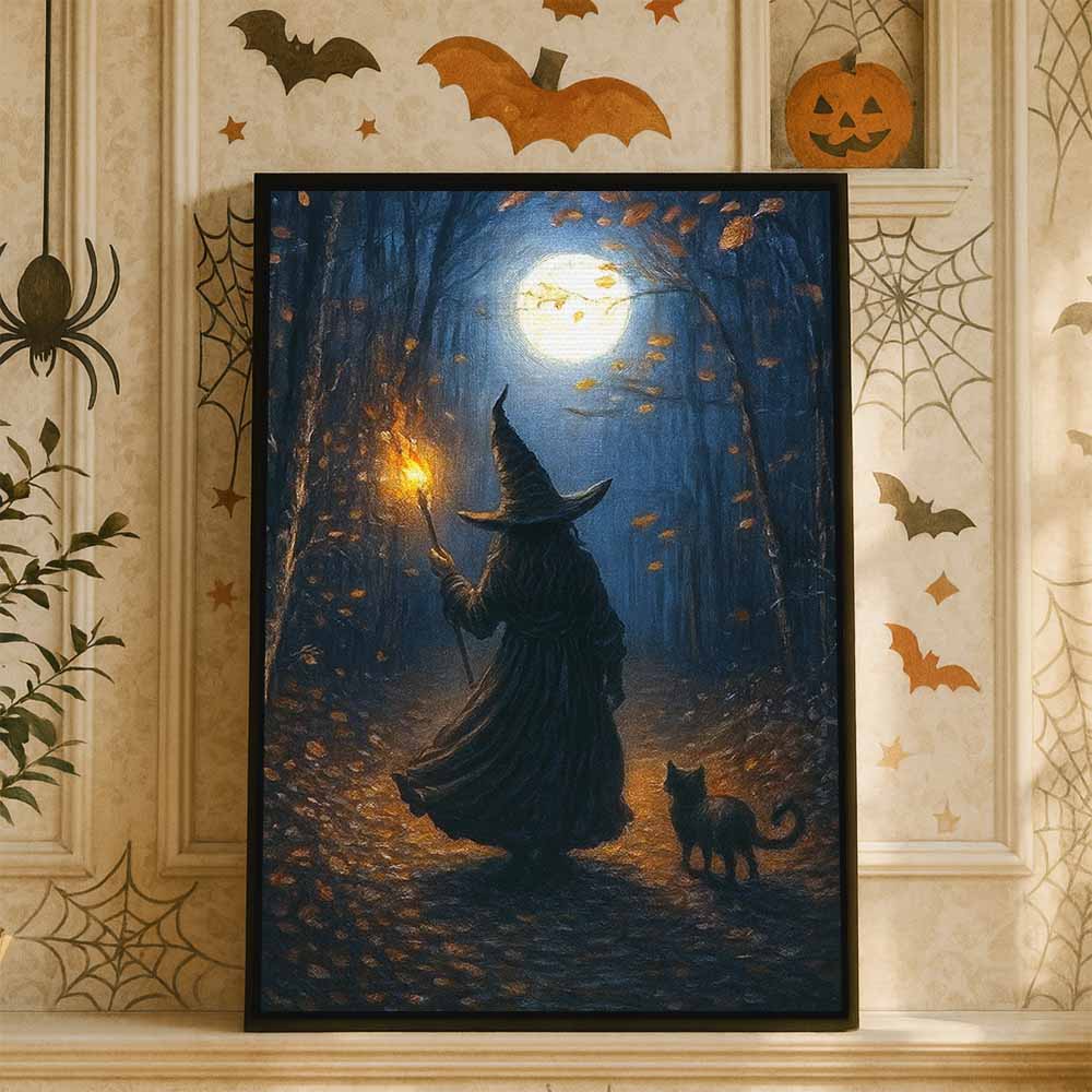 Witch Walking In Forest Framed Canvas Wall Art, Wall Decor Halloween, Vintage Canvas