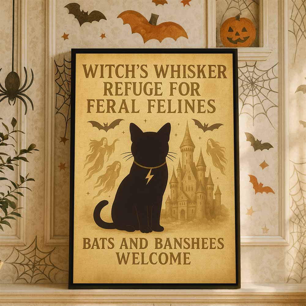 Witch's Whisker Refuge For Feral Felines Framed Canvas Wall Art, Wall Decor Halloween, Vintage Canvas