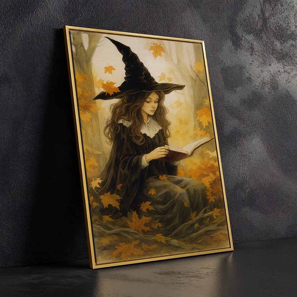Autumn Witch Framed Canvas Wall Art, Wall Decor Halloween, Vintage Canvas