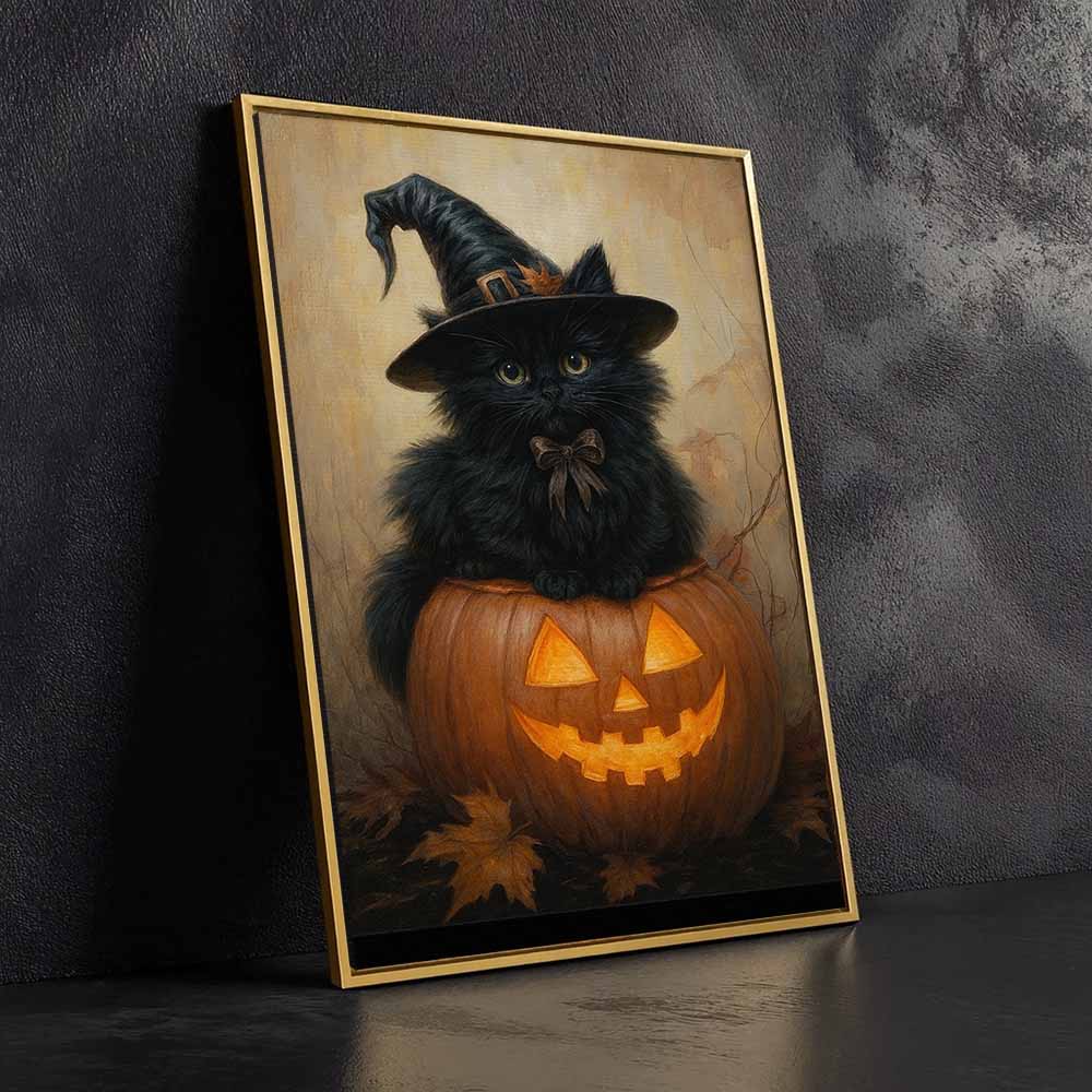 Black Cat Halloween Framed Canvas Wall Art, Wall Decor Halloween, Vintage Canvas