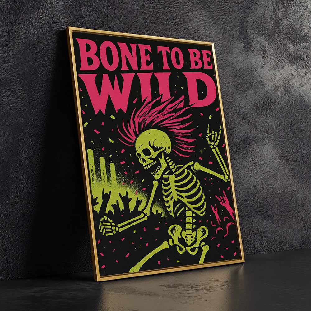 Bone To Be Wild Skeleton Framed Canvas Wall Art, Wall Decor Halloween, Vintage Canvas