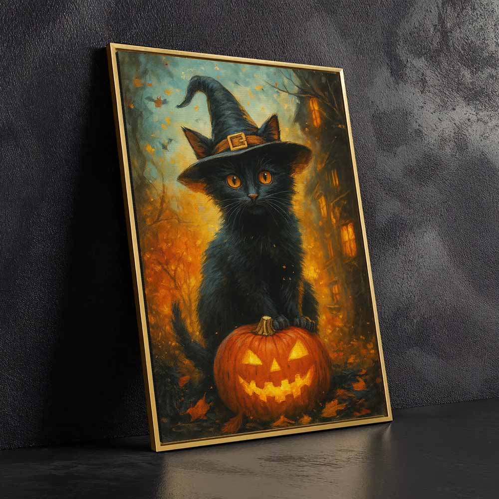 Cat On Pumpkin Framed Canvas Wall Art, Wall Decor Halloween, Vintage Canvas