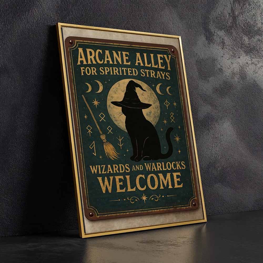 Cat Witch Welcome Framed Canvas Wall Art, Wall Decor Halloween, Vintage Canvas