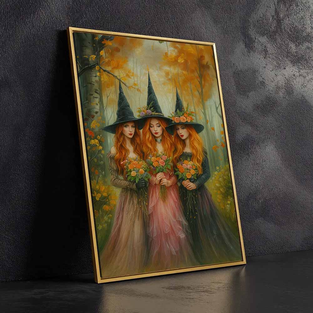 Cottage Three Young Witches In Forest Framed Canvas Wall Art, Wall Decor Halloween, Vintage Canvas