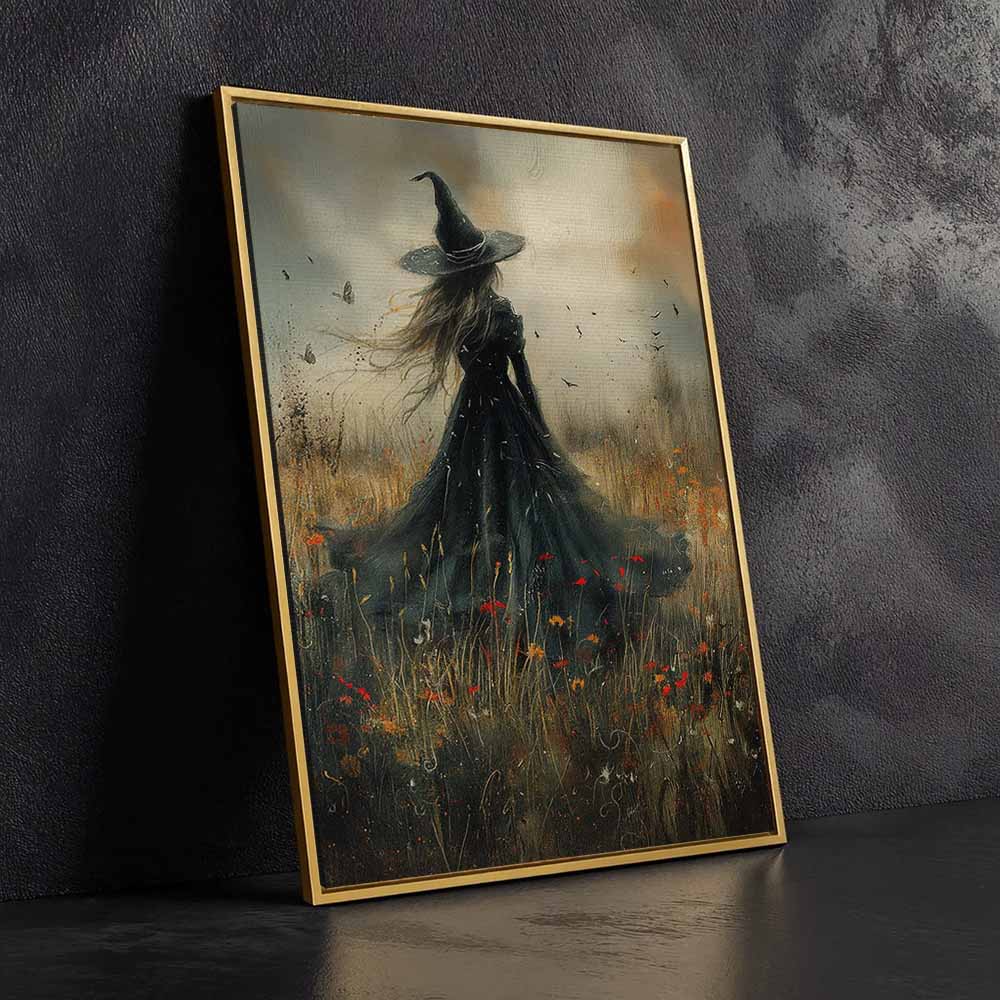 Cottage Witch In Flower Field Framed Canvas Wall Art, Wall Decor Halloween, Vintage Canvas