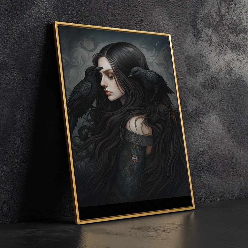 Crow Witch - Gothic Art Framed Canvas Wall Art, Wall Decor Halloween, Vintage Canvas