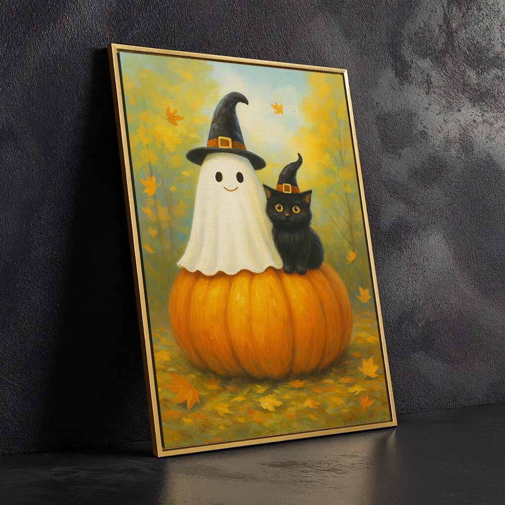 Cute Ghost And Black Cat In Dark Forest Framed Canvas Wall Art, Wall Decor Halloween, Vintage Canvas