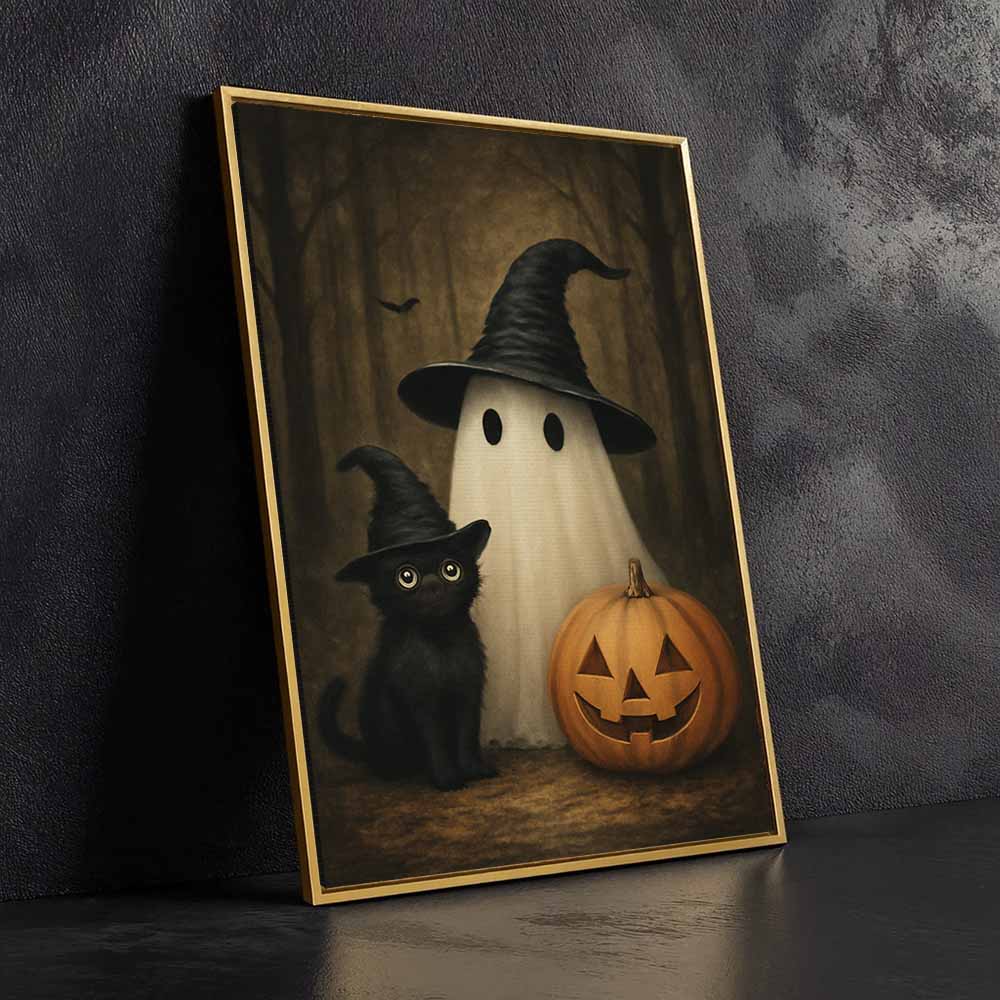 Cute Ghost And Black Cat Framed Canvas Wall Art, Wall Decor Halloween, Vintage Canvas