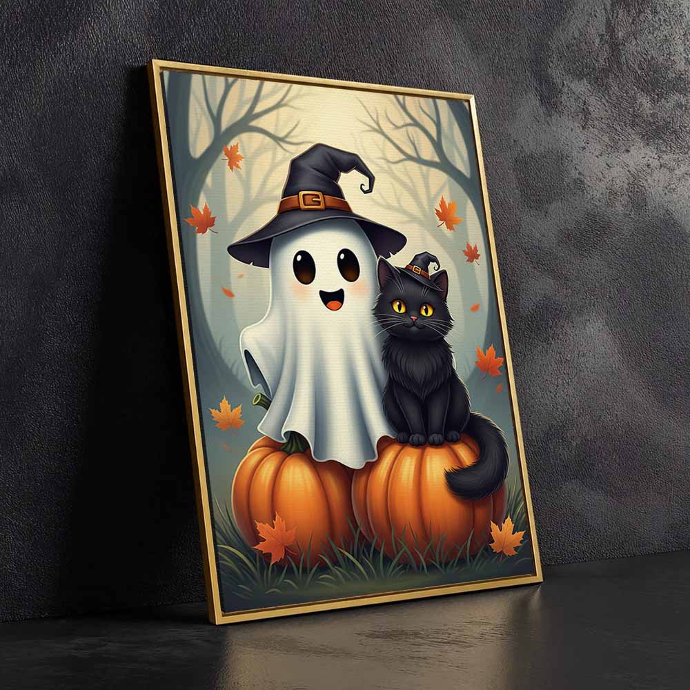 Cute Ghost And Cat Halloween Framed Canvas Wall Art, Wall Decor Halloween, Vintage Canvas