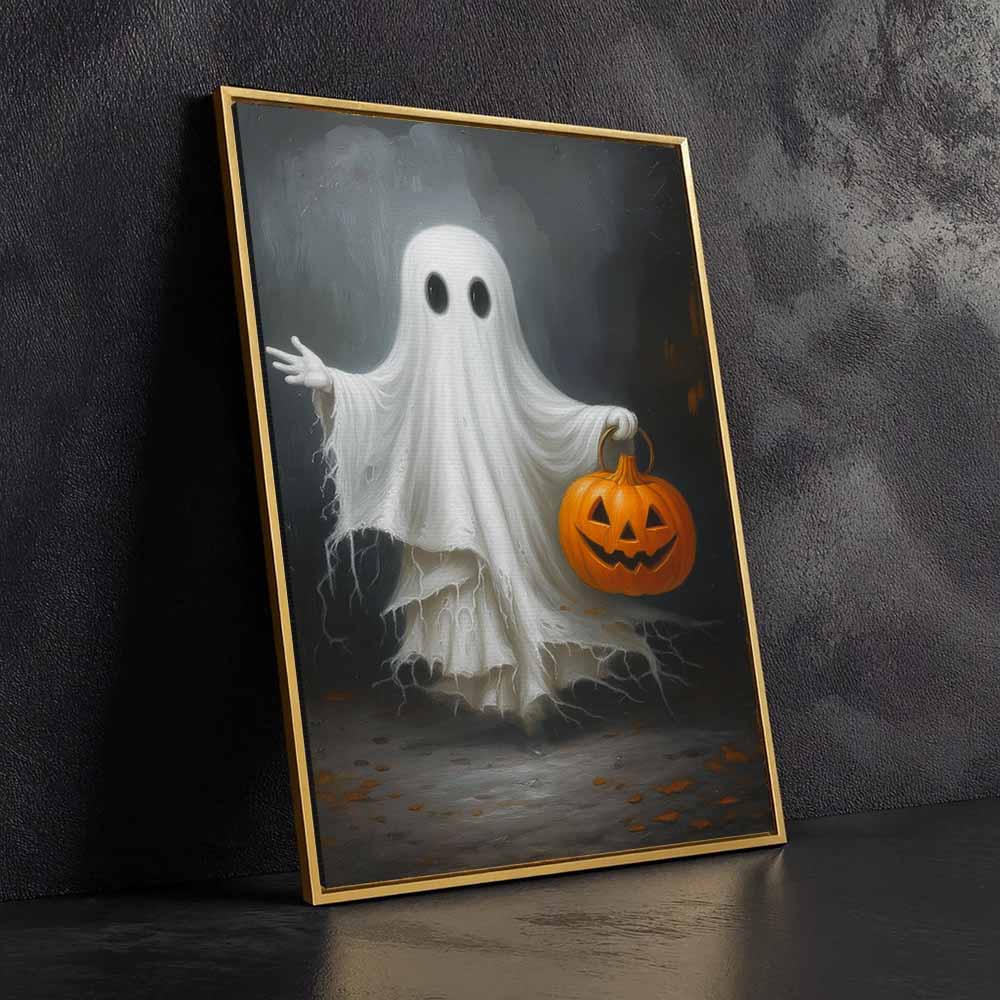 Cute Ghost Hold A Pumpkin Framed Canvas Wall Art, Wall Decor Halloween, Vintage Canvas