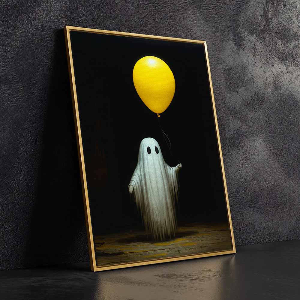 Cute Ghost Hold Balloon Framed Canvas Wall Art, Wall Decor Halloween, Vintage Canvas