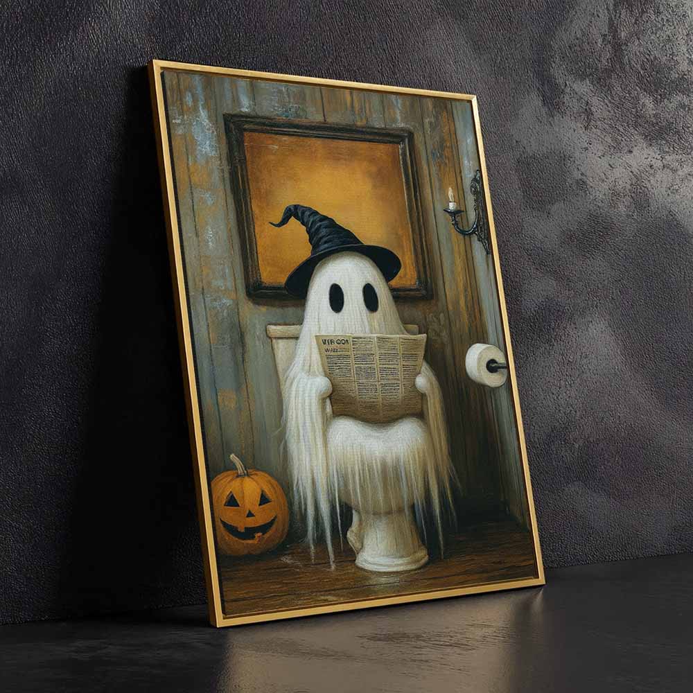 Cute Ghost On The Toilet 2 Framed Canvas Wall Art, Wall Decor Halloween, Vintage Canvas