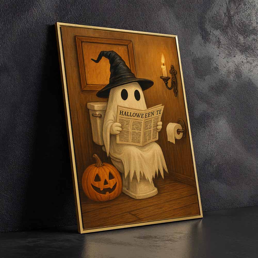 Cute Ghost On The Toilet Framed Canvas Wall Art, Wall Decor Halloween, Vintage Canvas