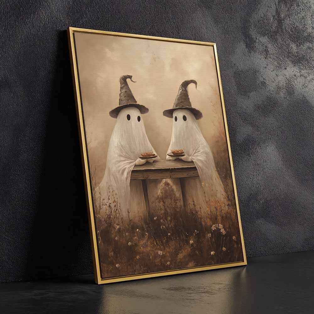 Cute Ghosts Picnic In Wildflower Field Framed Canvas Wall Art, Wall Decor Halloween, Vintage Canvas