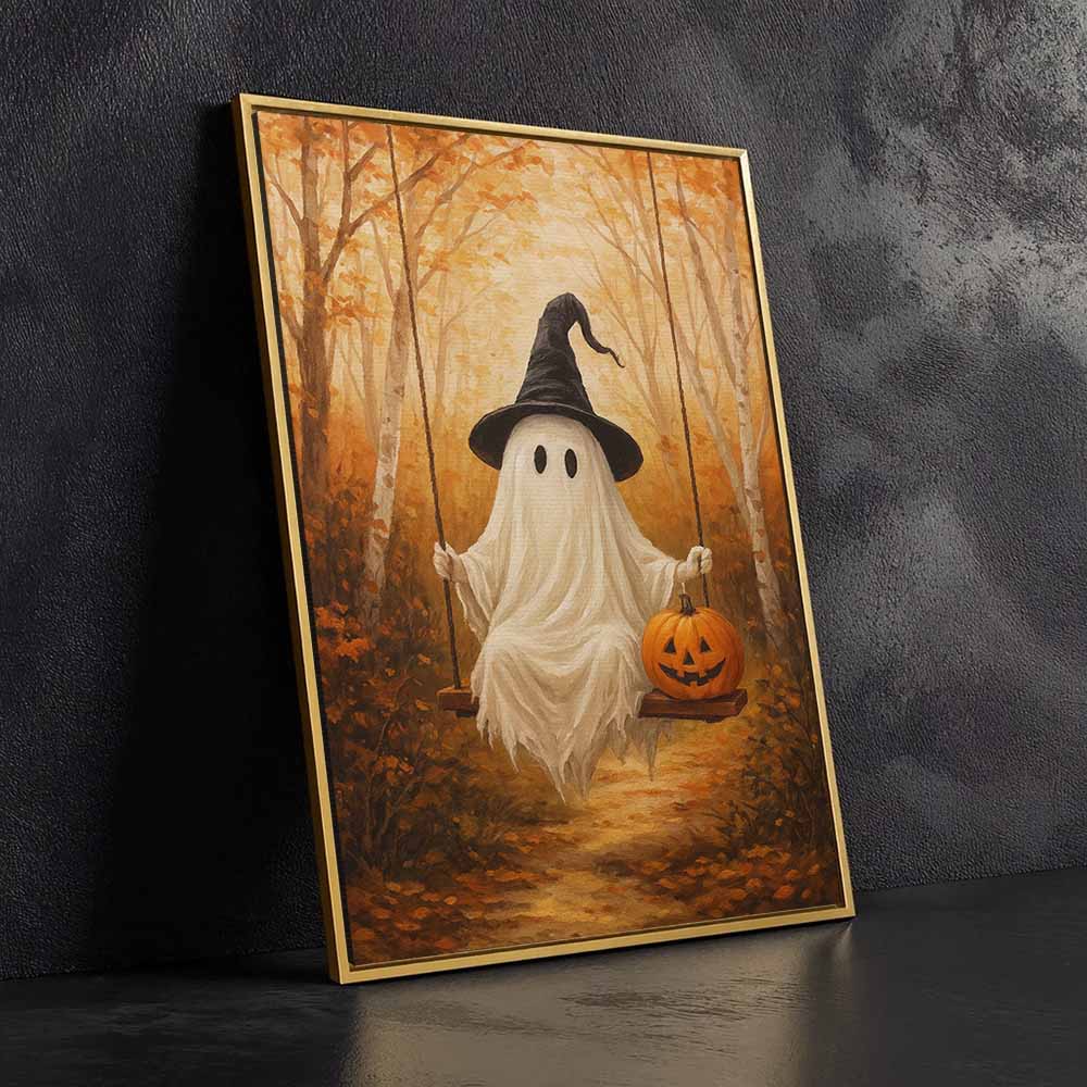 Cute Halloween Ghost On The Swing Framed Canvas Wall Art, Wall Decor Halloween, Vintage Canvas