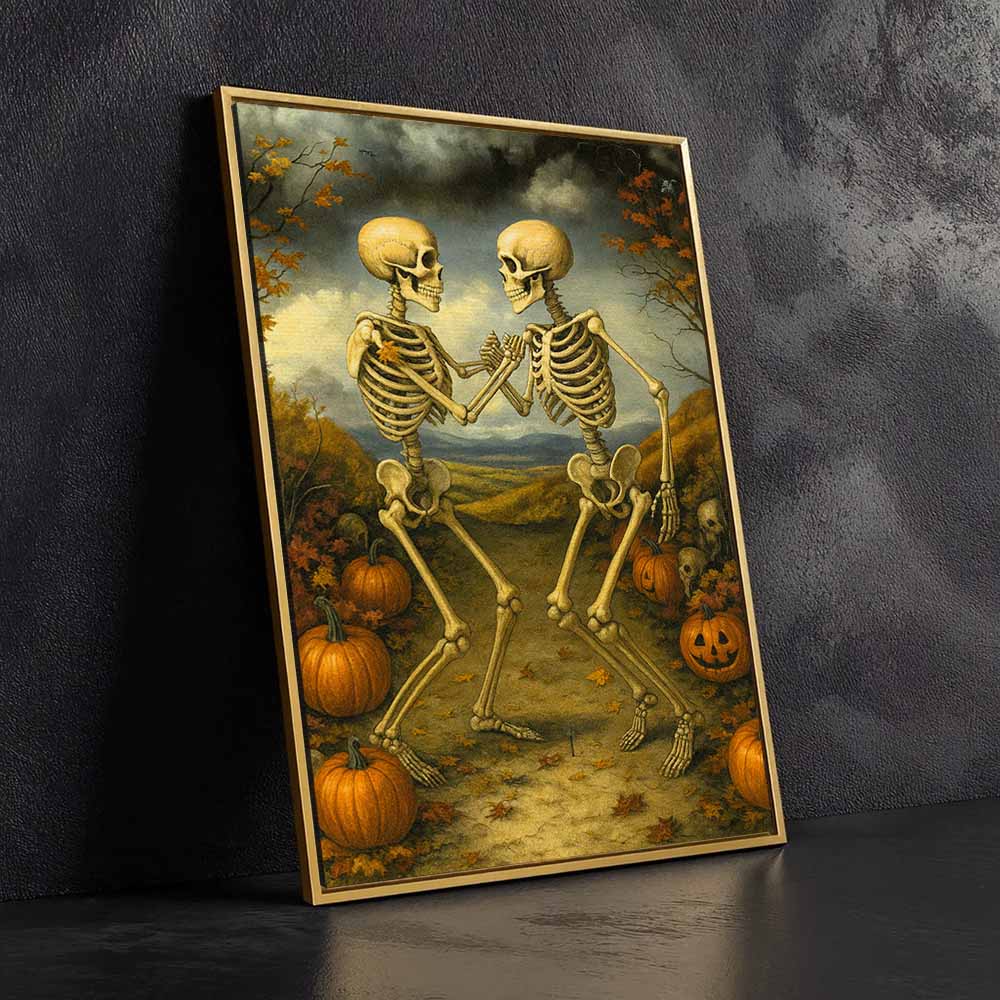 Dancing Skeletons Framed Canvas Wall Art, Wall Decor Halloween, Vintage Canvas