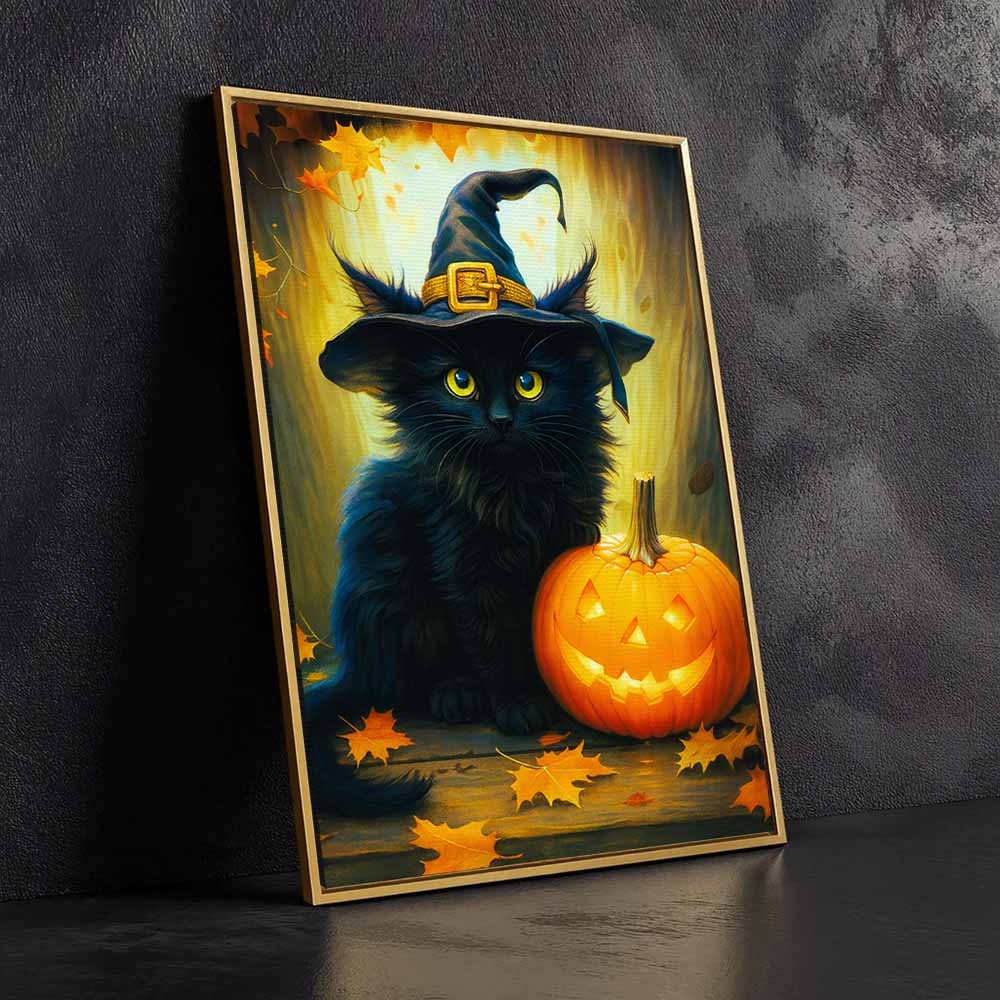 Dark Black Cat Witch Framed Canvas Wall Art, Wall Decor Halloween, Vintage Canvas