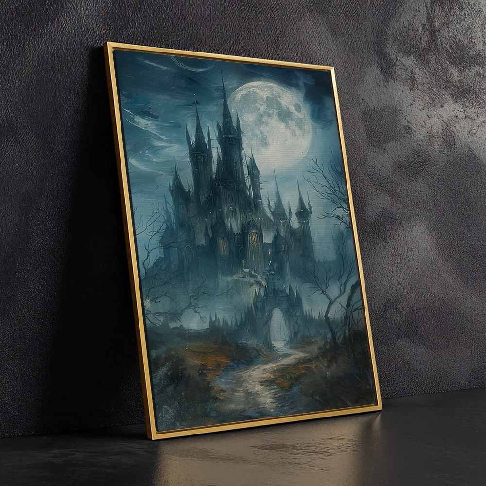 Dark Haunted Dracula Castle Framed Canvas Wall Art, Wall Decor Halloween, Vintage Canvas