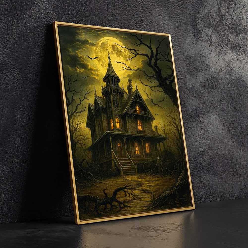 Dark Haunted Witchy Castle Framed Canvas Wall Art, Wall Decor Halloween, Vintage Canvas