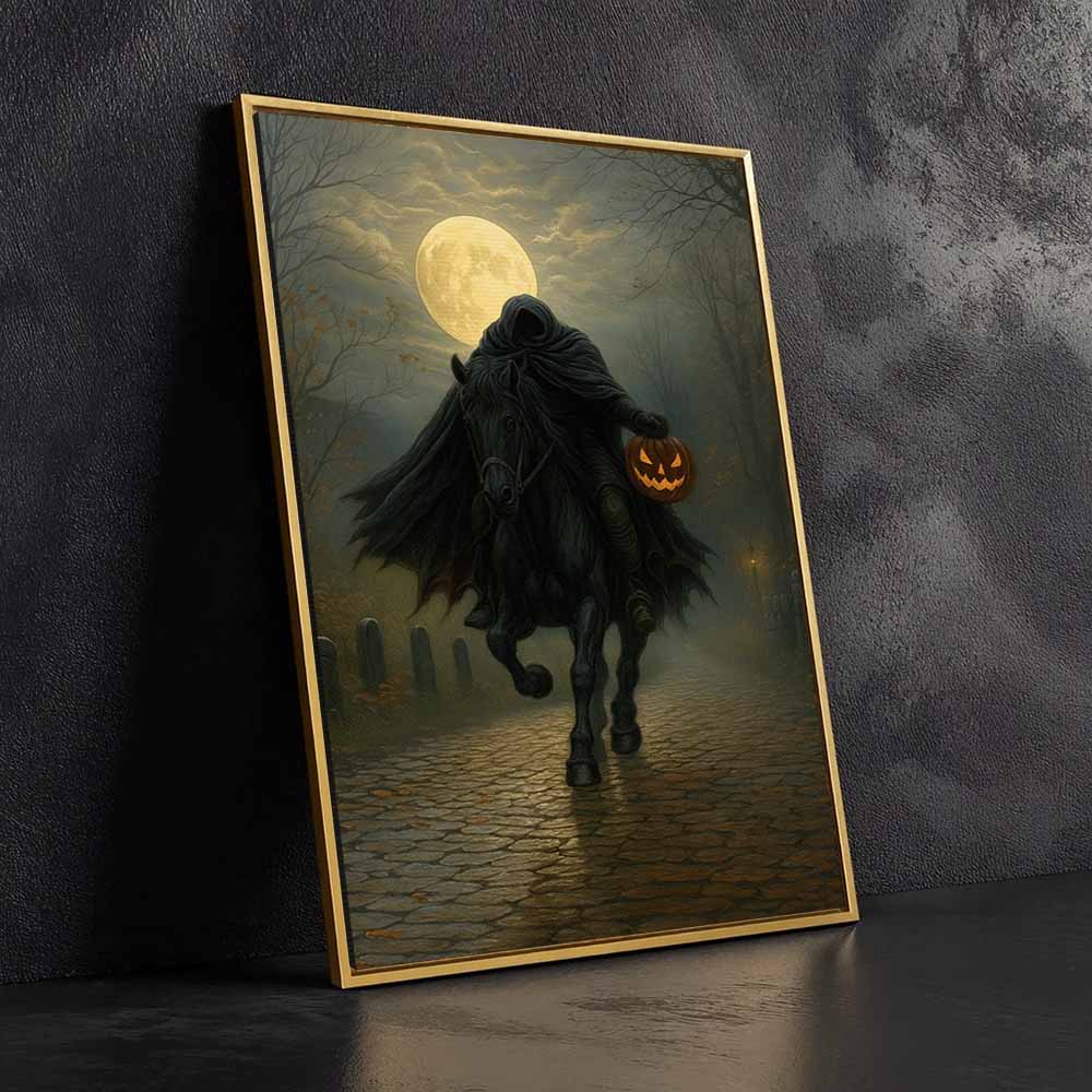 Dark Moody Aesthetic Halloween Headless Horseman Framed Canvas Wall Art, Wall Decor Halloween, Vintage Canvas