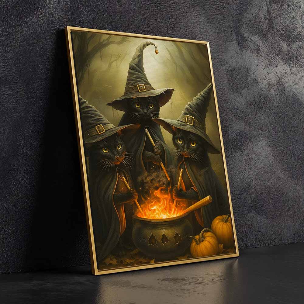 Dark Three Black Cats Witch Hocus Pocus Framed Canvas Wall Art, Wall Decor Halloween, Vintage Canvas