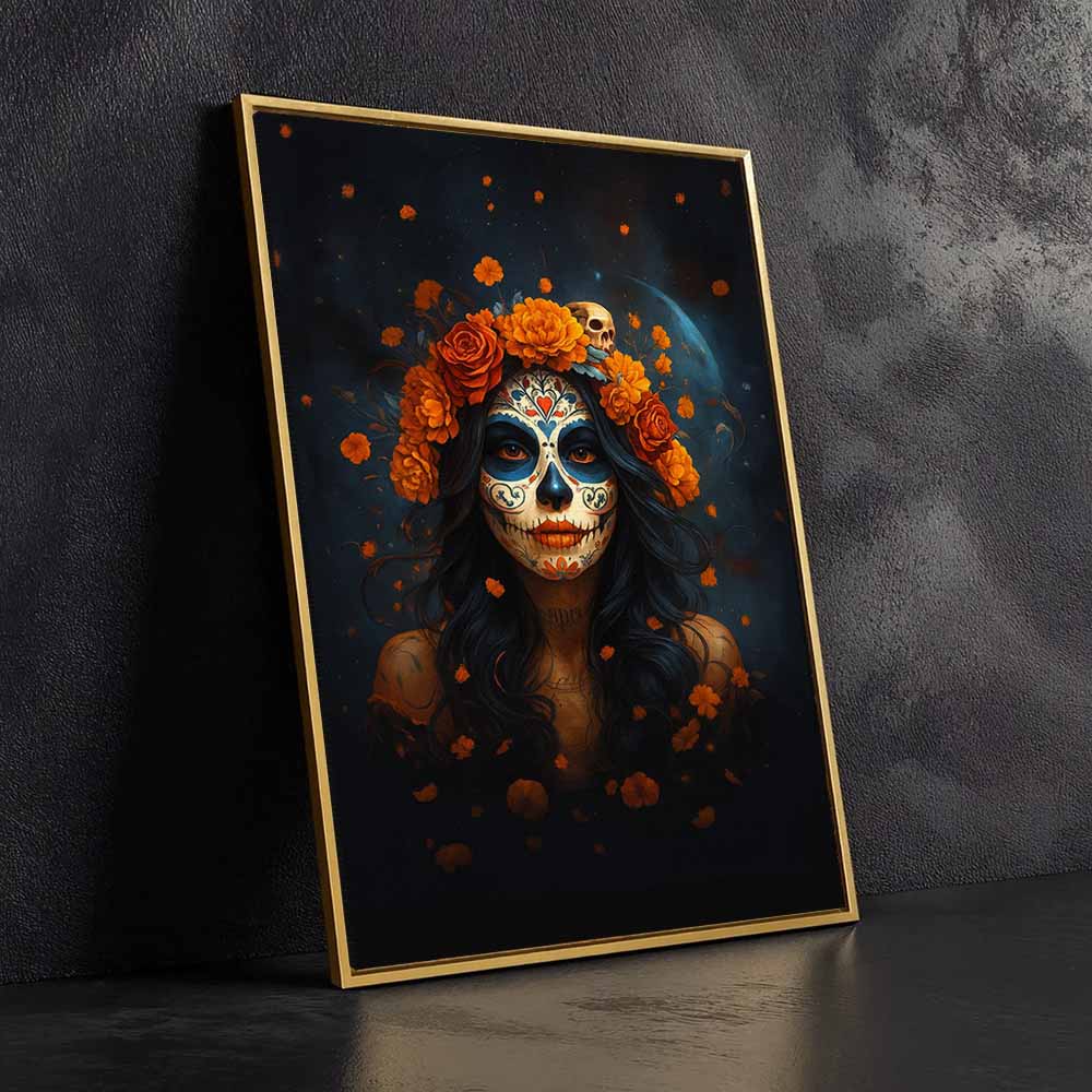 Day Of The Dead Sugar Skull Woman Framed Canvas Wall Art, Wall Decor Halloween, Vintage Canvas