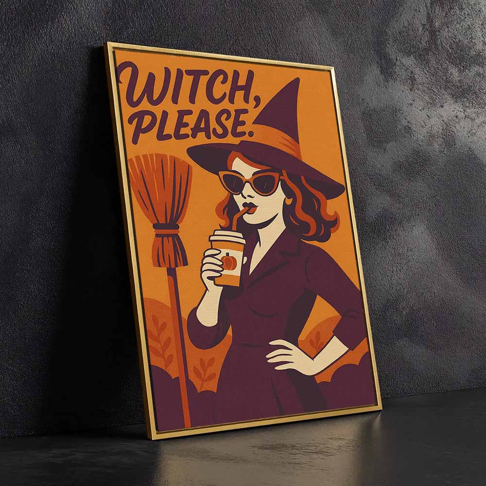 Funny Retro - Witch Please Framed Canvas Wall Art, Wall Decor Halloween, Vintage Canvas