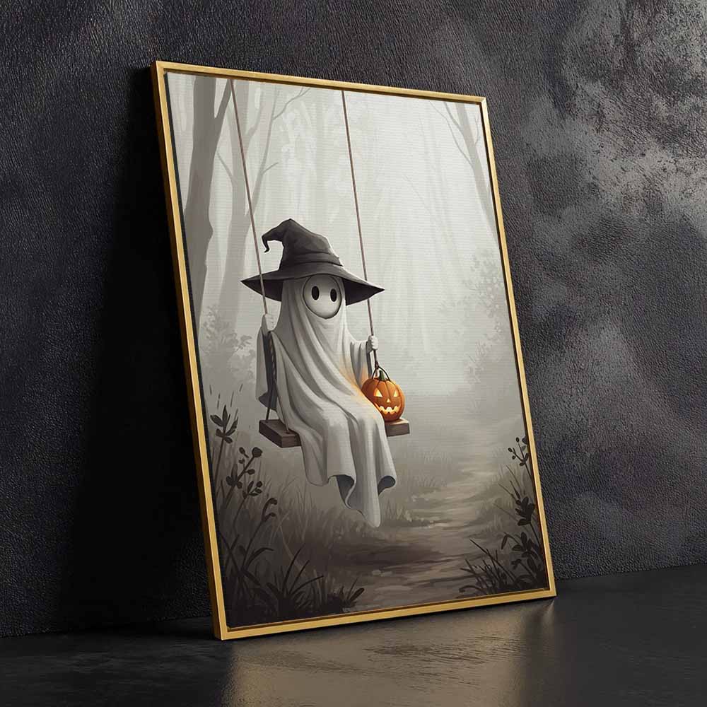 Ghost On Swing With Pumpkin Framed Canvas Wall Art, Wall Decor Halloween, Vintage Canvas