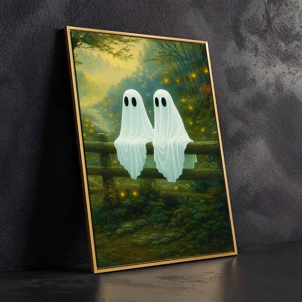 Ghost Watching Fireflies At Night Framed Canvas Wall Art, Wall Decor Halloween, Vintage Canvas