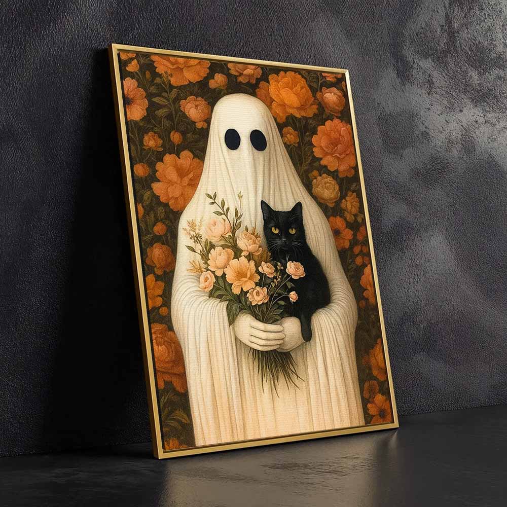 Ghost With Cat Framed Canvas Wall Art, Wall Decor Halloween, Vintage Canvas