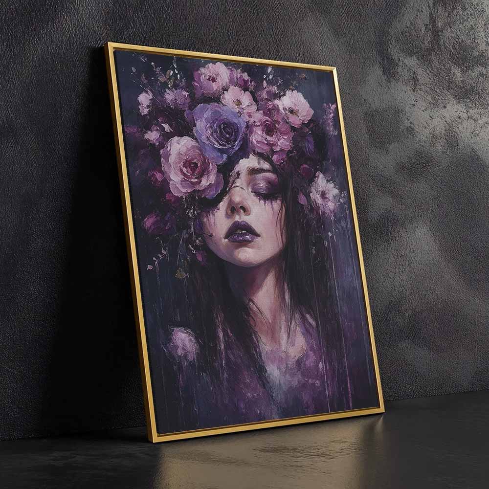 Girl With Purple Flowers Framed Canvas Wall Art, Wall Decor Halloween, Vintage Canvas