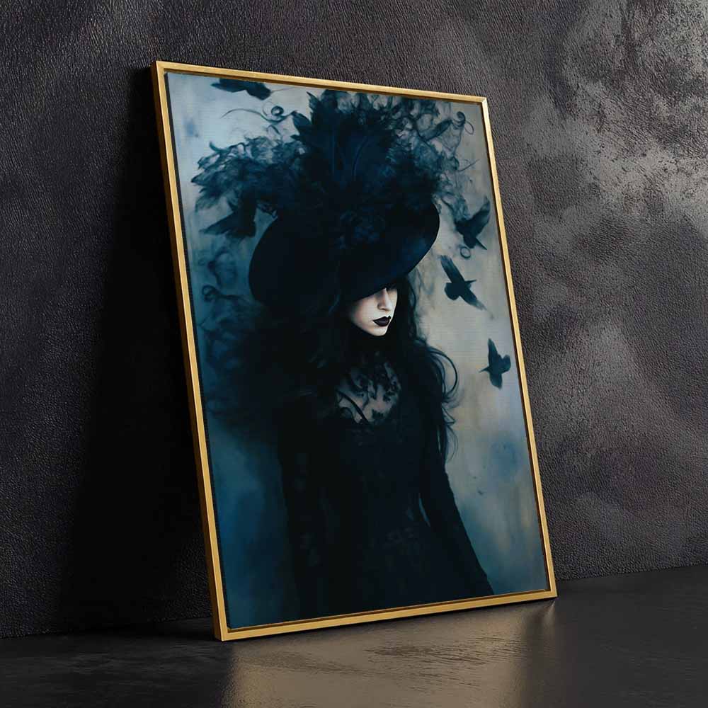 Gothic Witch And Raven Framed Canvas Wall Art, Wall Decor Halloween, Vintage Canvas