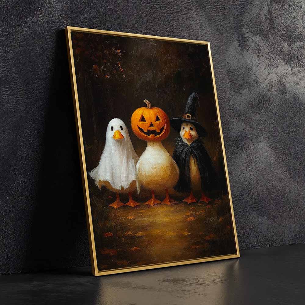 Halloween Ducks In Costumes Framed Canvas Wall Art, Wall Decor Halloween, Vintage Canvas