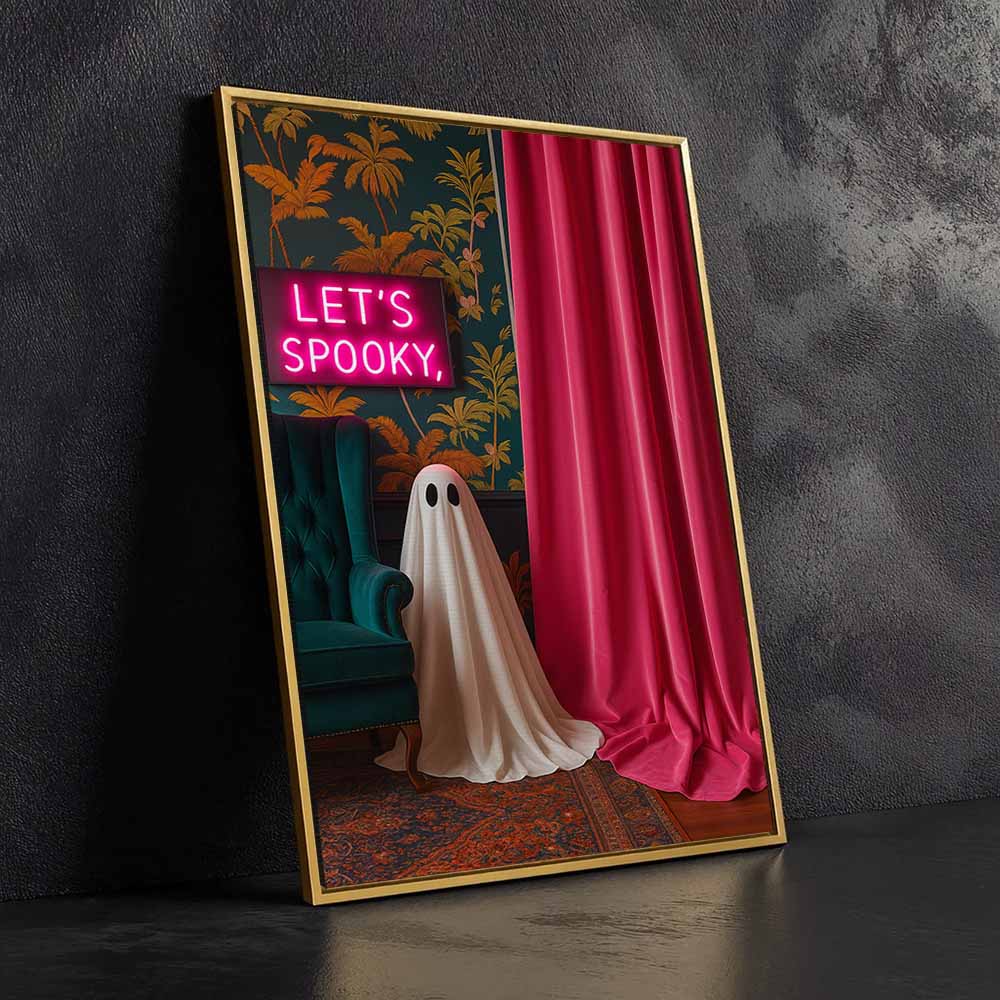 Let's Spooky Ghost Framed Canvas Wall Art, Wall Decor Halloween, Vintage Canvas