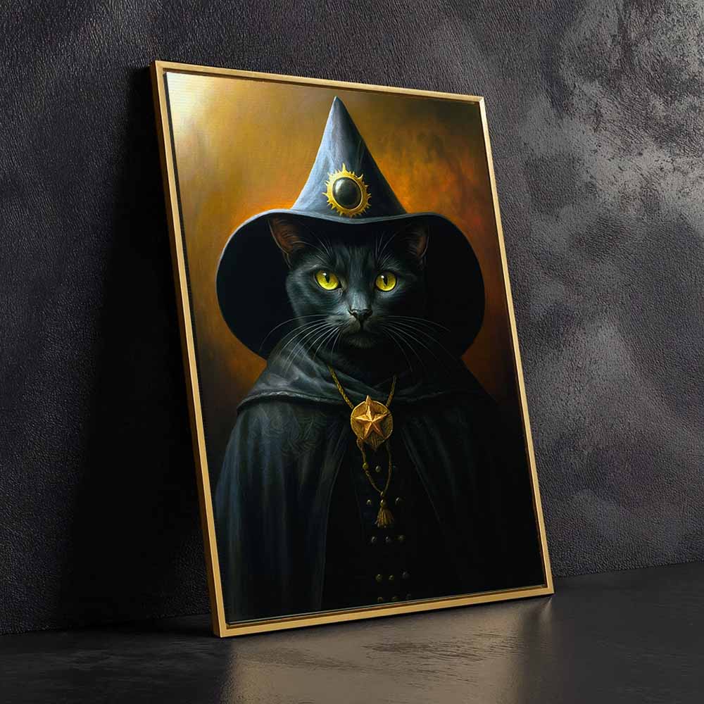 Magic Cat Witch Framed Canvas Wall Art, Wall Decor Halloween, Vintage Canvas