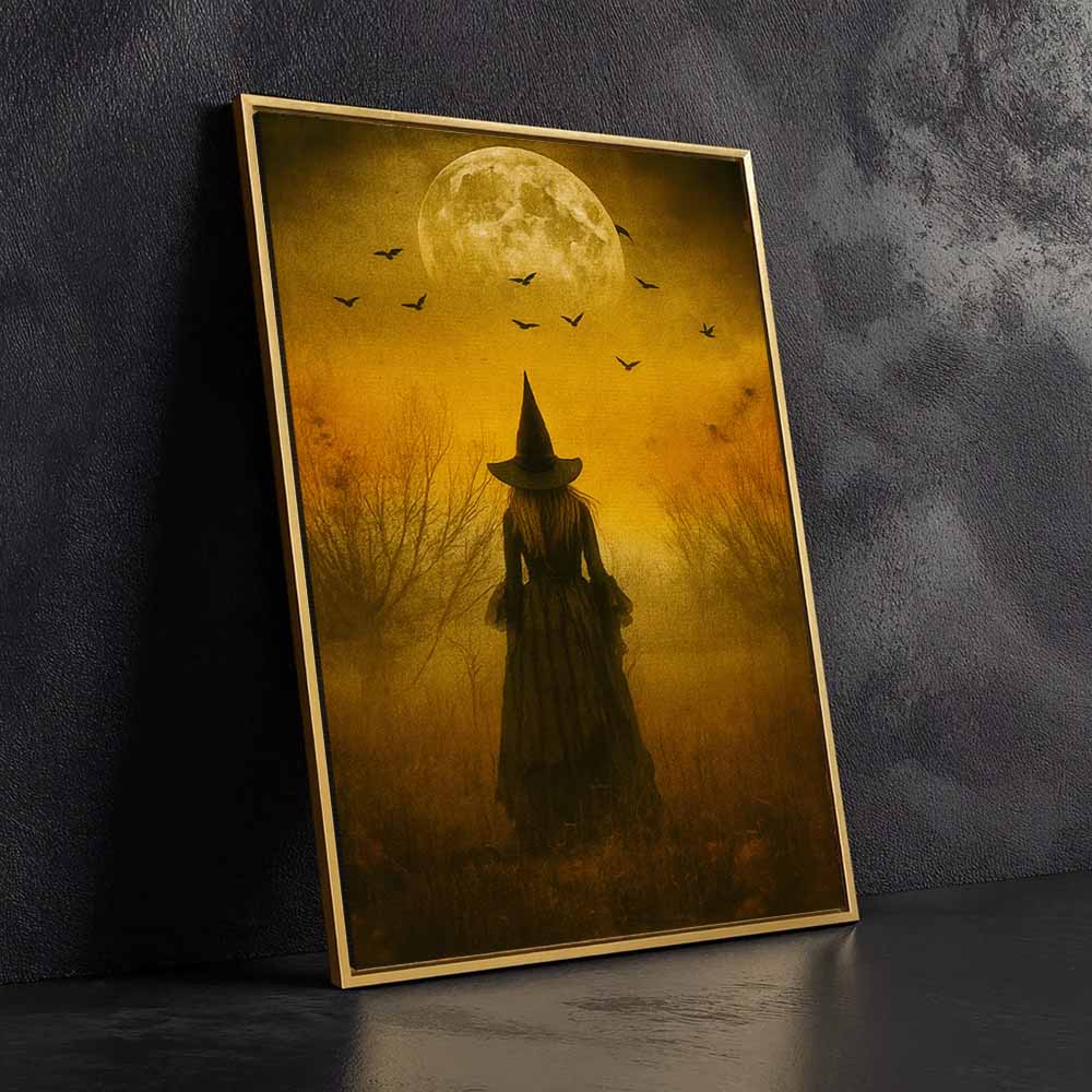 Moon Witch Framed Canvas Wall Art, Wall Decor Halloween, Vintage Canvas