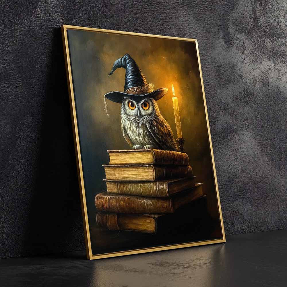 Owl And Books Framed Canvas Wall Art, Wall Decor Halloween, Vintage Canvas