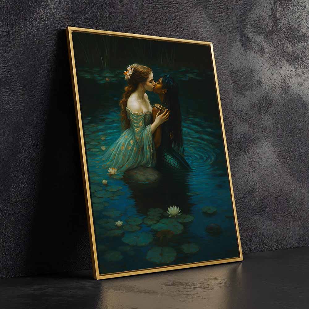 Romantic Mermaid And Princess Kiss Framed Canvas Wall Art, Wall Decor Halloween, Vintage Canvas