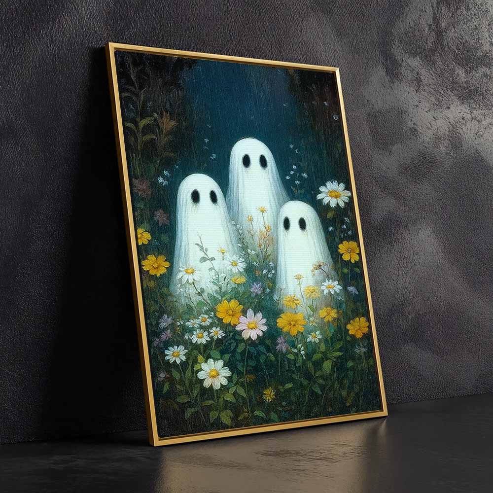 Three Cute Ghosts In Wildflower Field Framed Canvas Wall Art, Wall Decor Halloween, Vintage Canvas