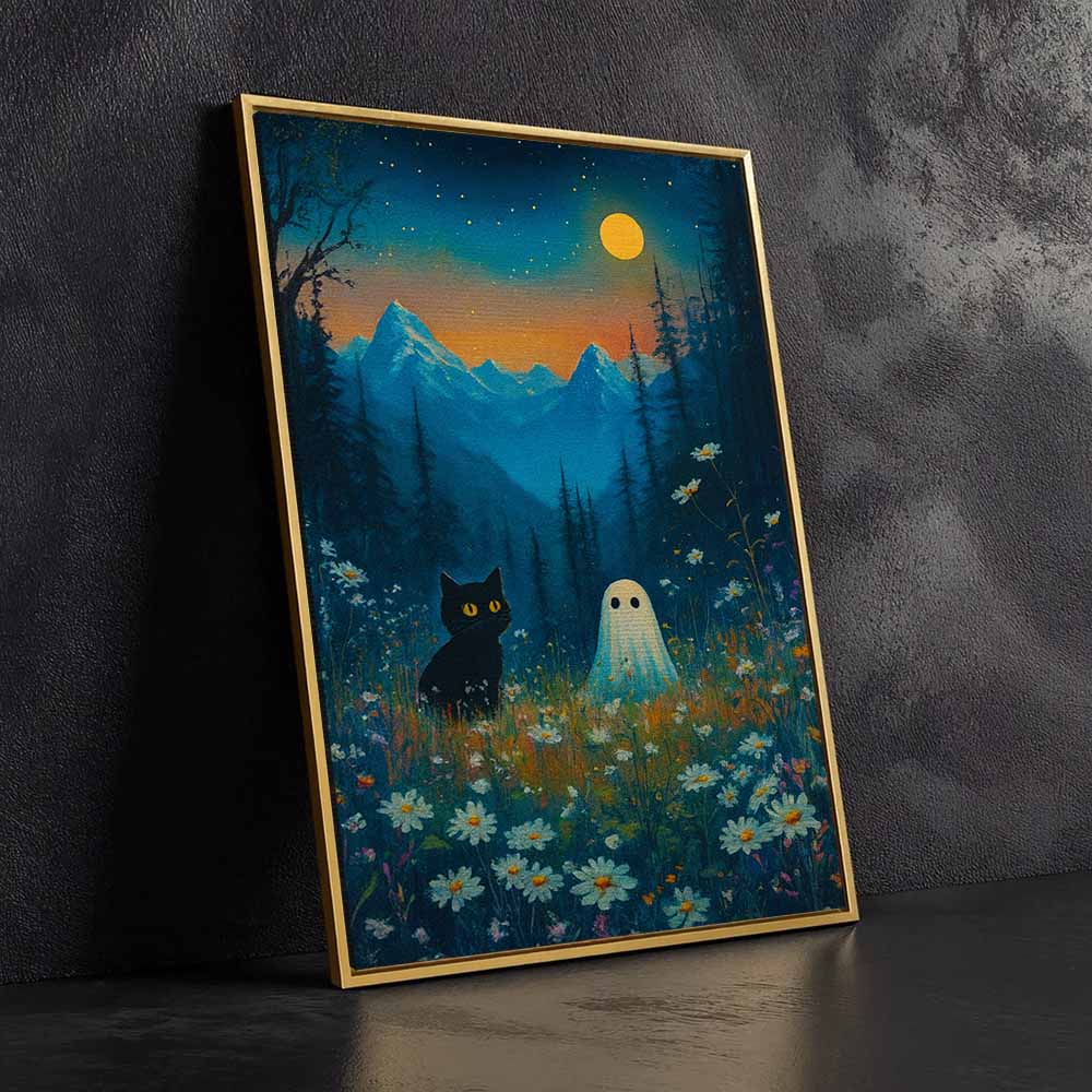 Vintage Ghost And Black Cat Framed Canvas Wall Art, Wall Decor Halloween, Vintage Canvas